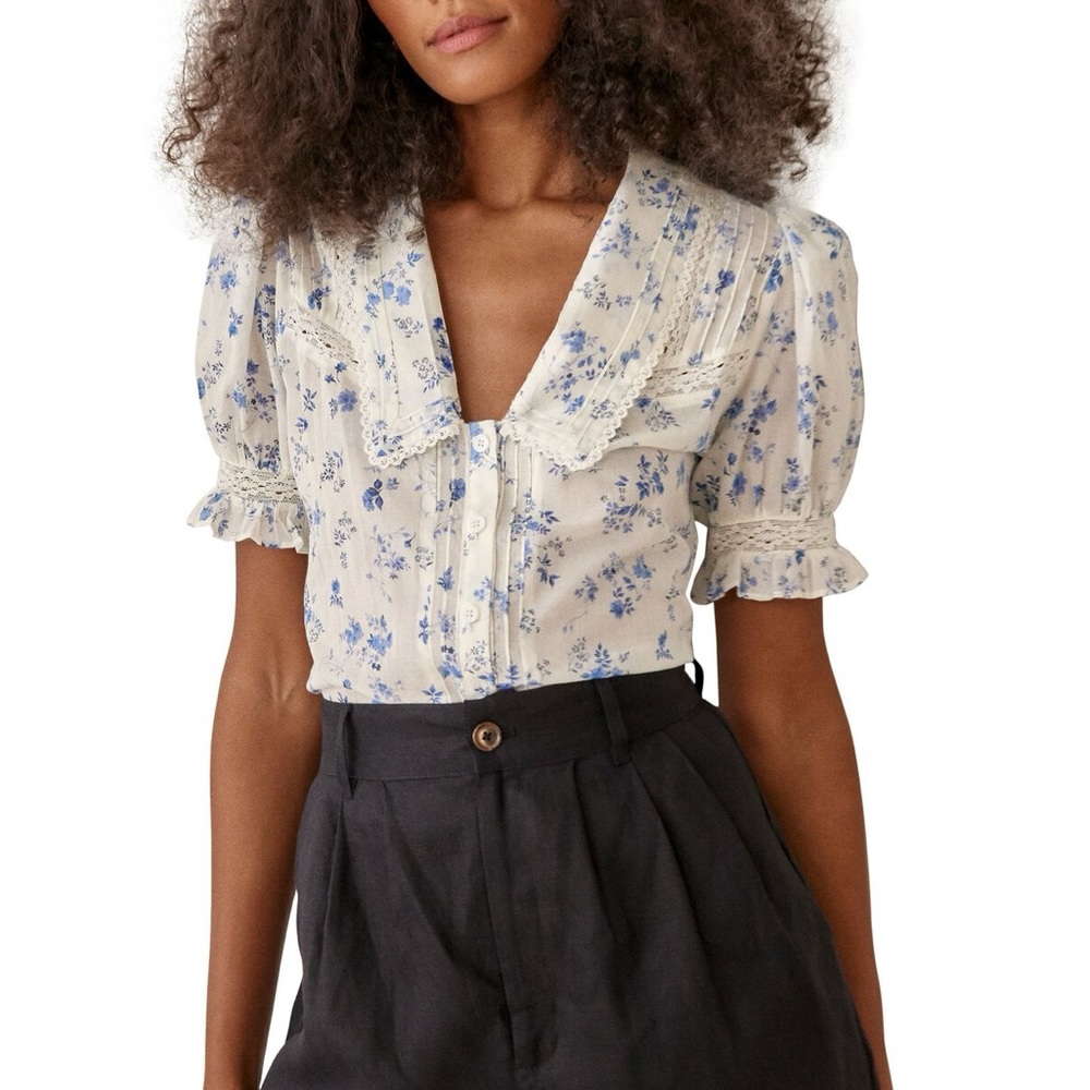 Reformation Hara Top Shirt Blouse in Lula White Blue Floral Print Size Large L